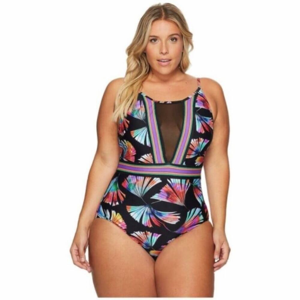 La Blanca illusion mesh fan high neck one piece swimsuit NEW 18W PLUS